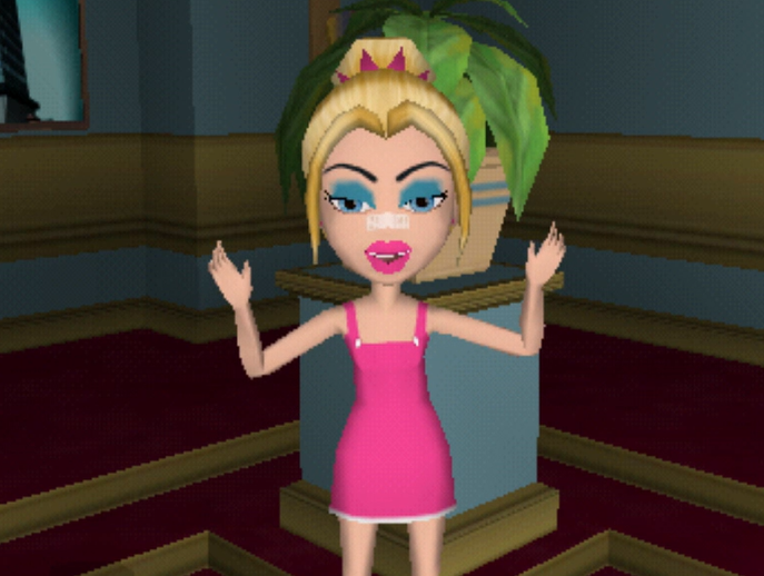 Kaycee is a white blonde woman with messy blue eyeshadow. She wears a pink dress and lipstick. Her hair is in a bun with a small pink tiara around it. Her eyes are blue. She has a white bandage on her nose.